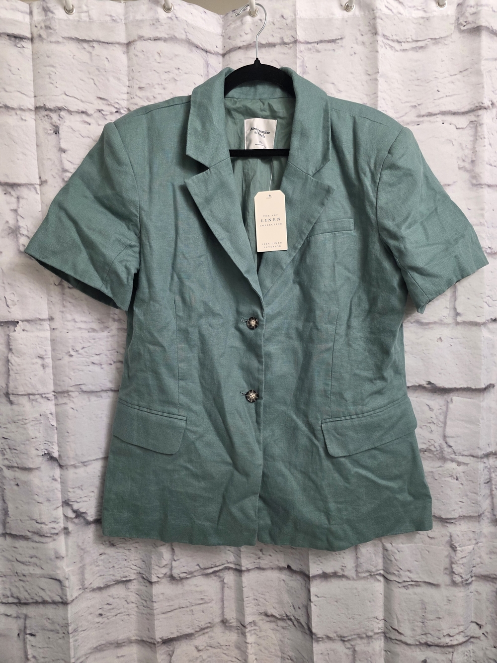 Abercrombie & Fitch Short-Sleeve Premium Linen Blazer Size XL In Deep Sage